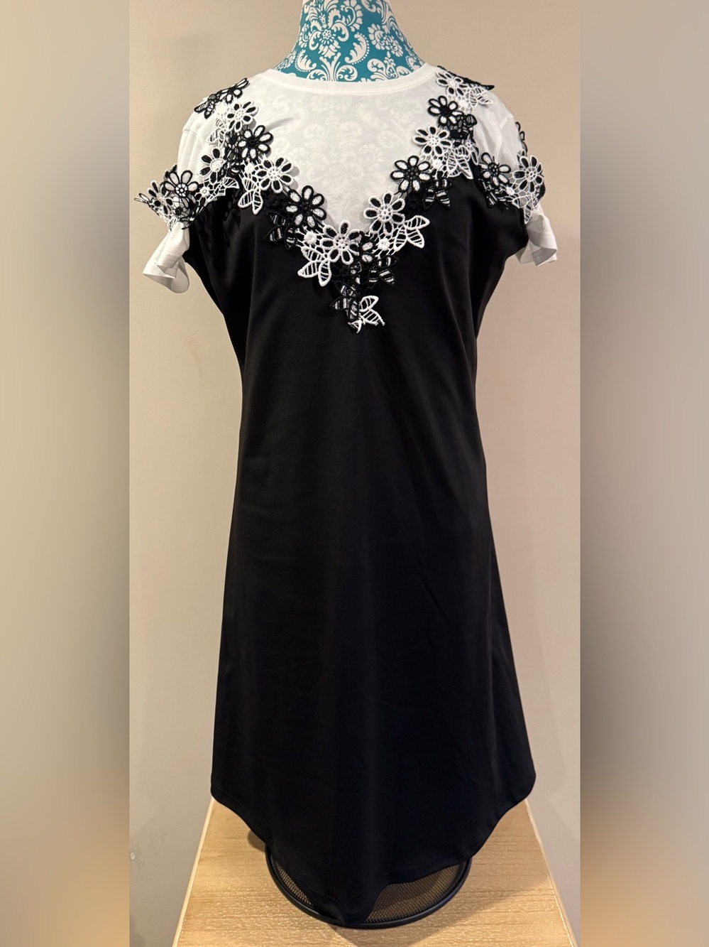 Cold Shoulder Black Dress with White Floral Lace Trim (Tshirt not included)